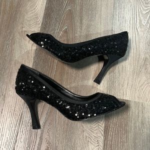 Black Sequins Papell Studio Open Toe Heels